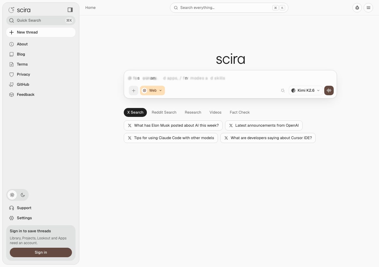 scira.ai in the browser during the run